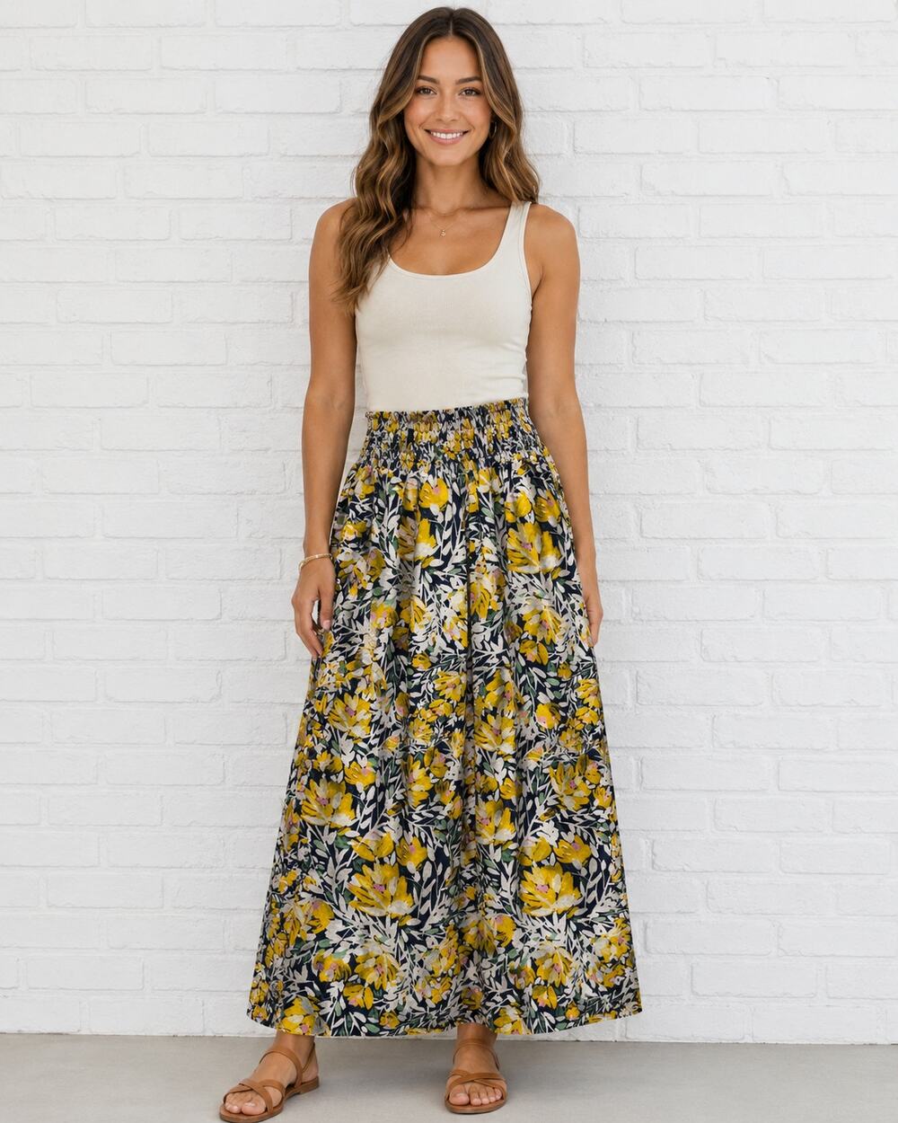 Garnet Hill Linen Maxi Skirt Size S Yellow Navy Blue Floral Pockets Smocked